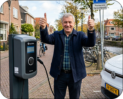 Eigenaar bij een openbaar laadstation en elektrische auto