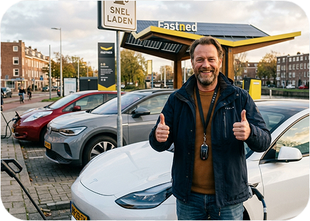 Eigenaar van een elektrische auto bij een snellaadstation